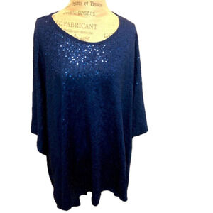 CAROLINE Rose Metallic Blue Sequin Sequinned Draped Flowy Tunic Top OS Plus Size